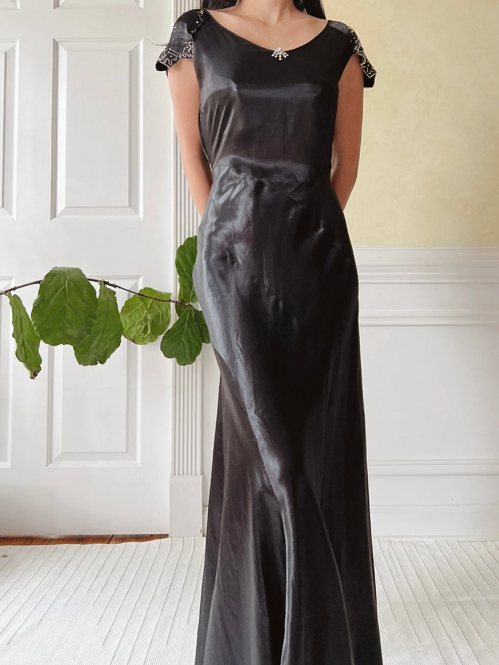 1930s Black Satin Dress - XS