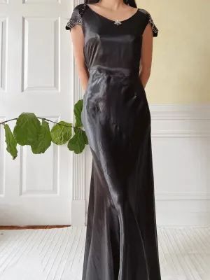 1930s Black Satin Dress - XS