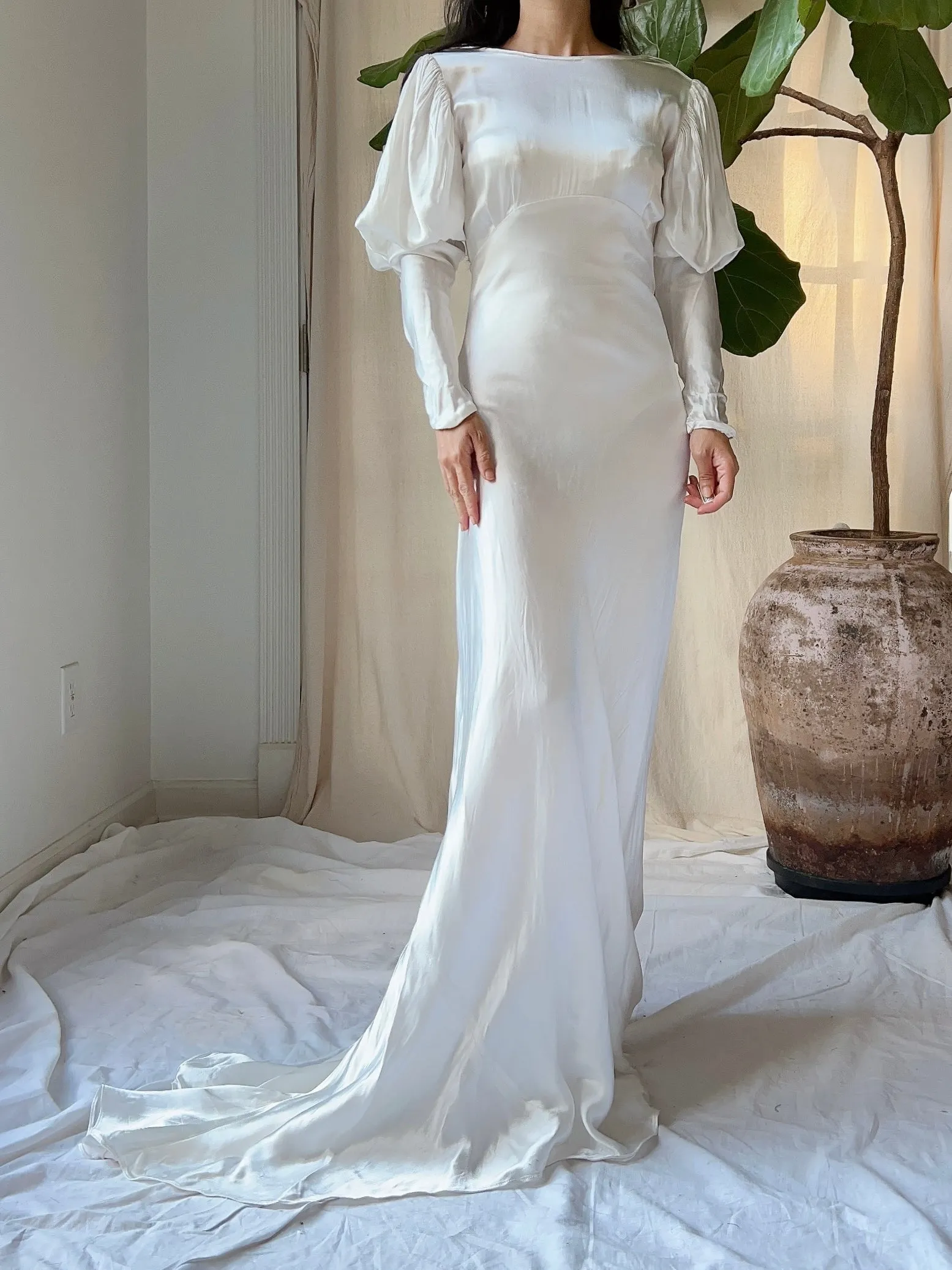1930s Satin Puff Sleeve Dress - XS