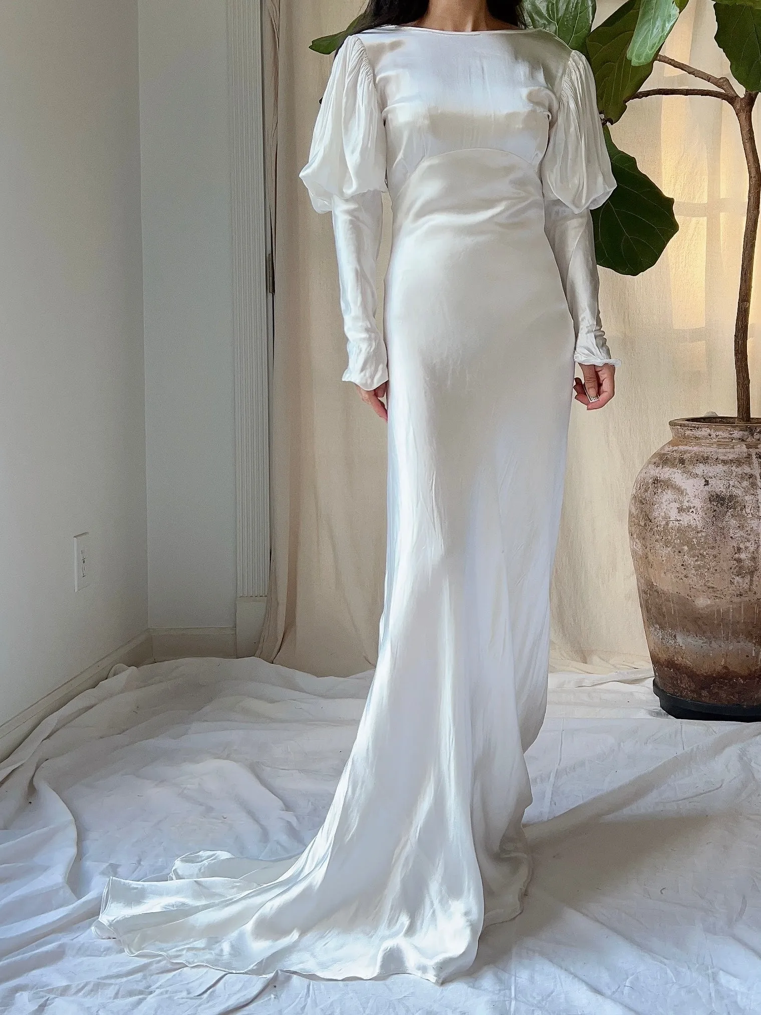 1930s Satin Puff Sleeve Dress - XS