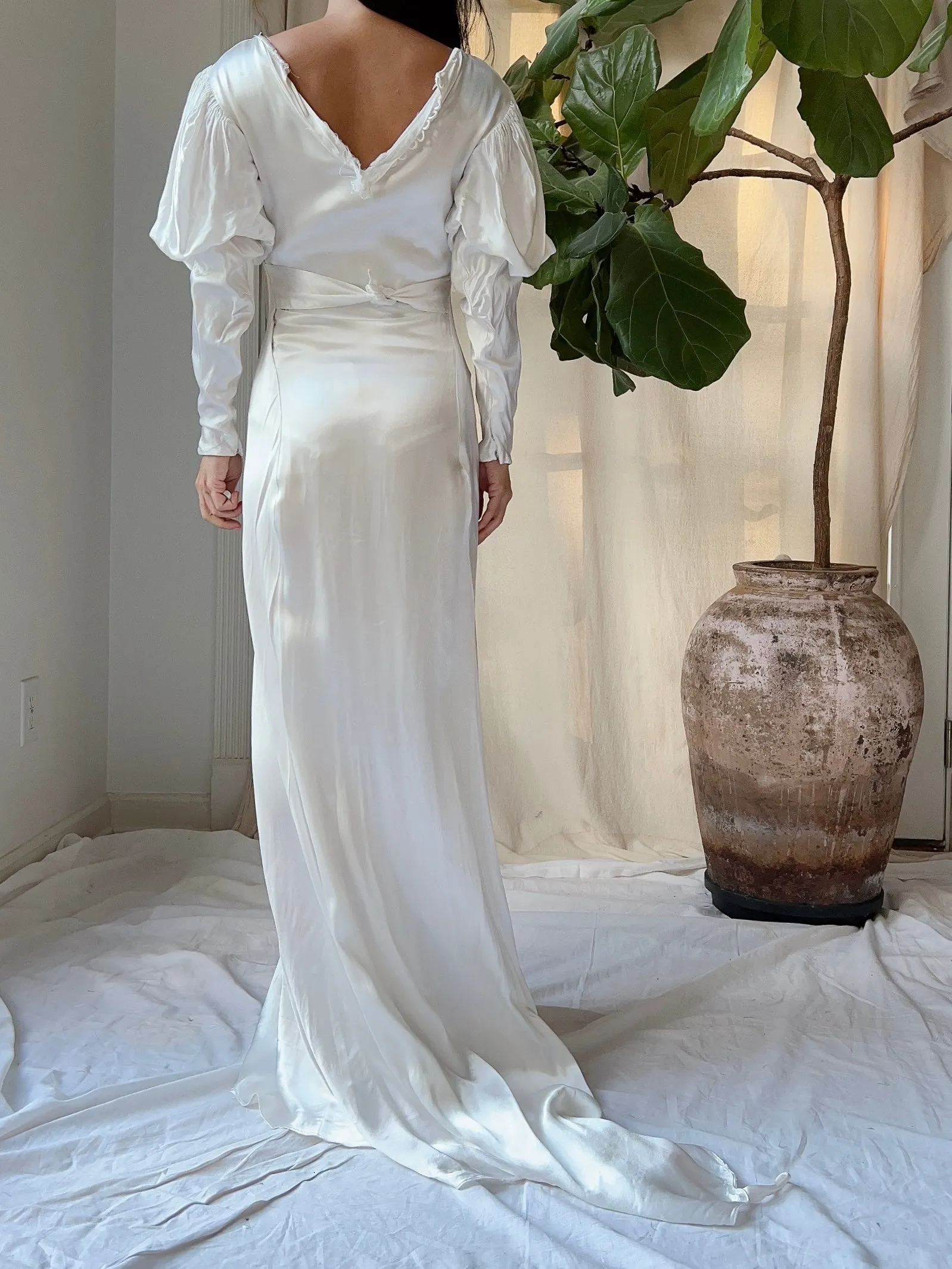 1930s Satin Puff Sleeve Dress - XS