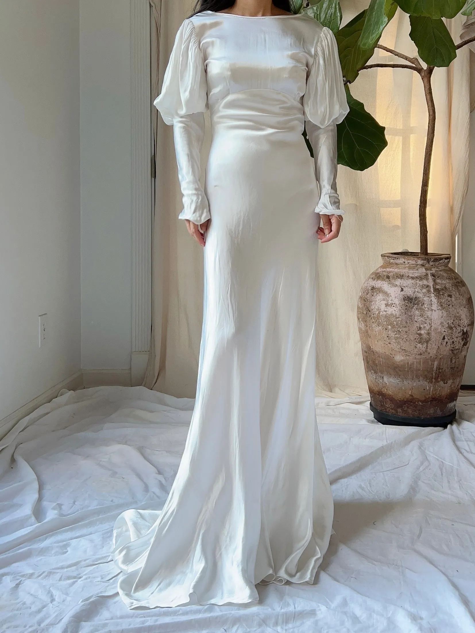 1930s Satin Puff Sleeve Dress - XS