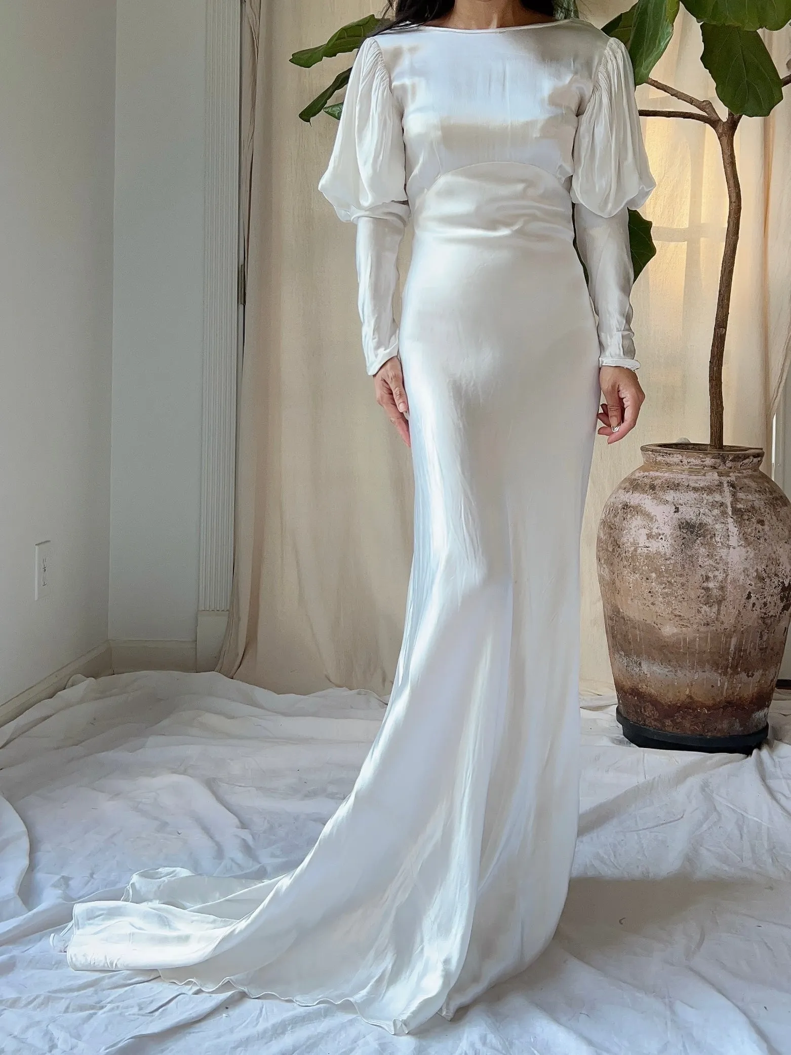 1930s Satin Puff Sleeve Dress - XS