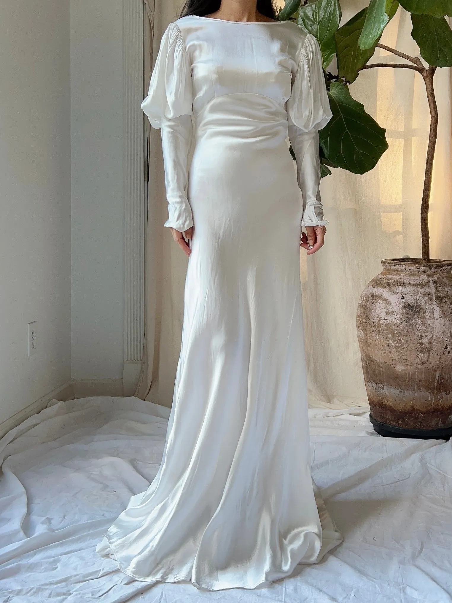 1930s Satin Puff Sleeve Dress - XS