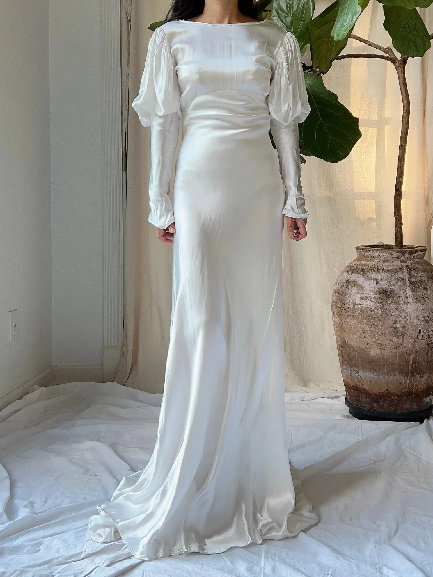 1930s Satin Puff Sleeve Dress - XS