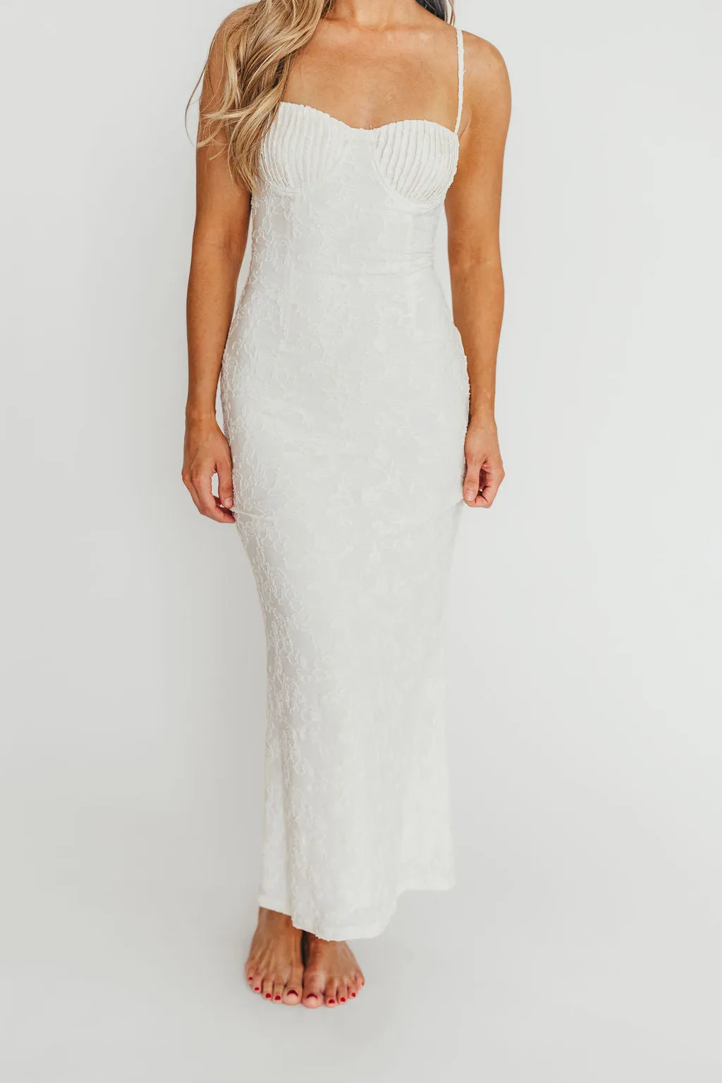 Amira Ruched Bustier Lace Up Back Maxi Dress in Ivory