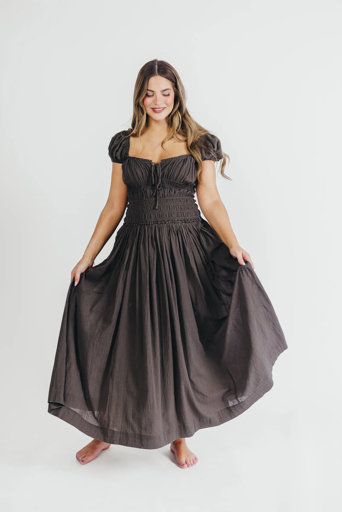 Aria Smocked Maxi Dress with Dropped Waist in Olive