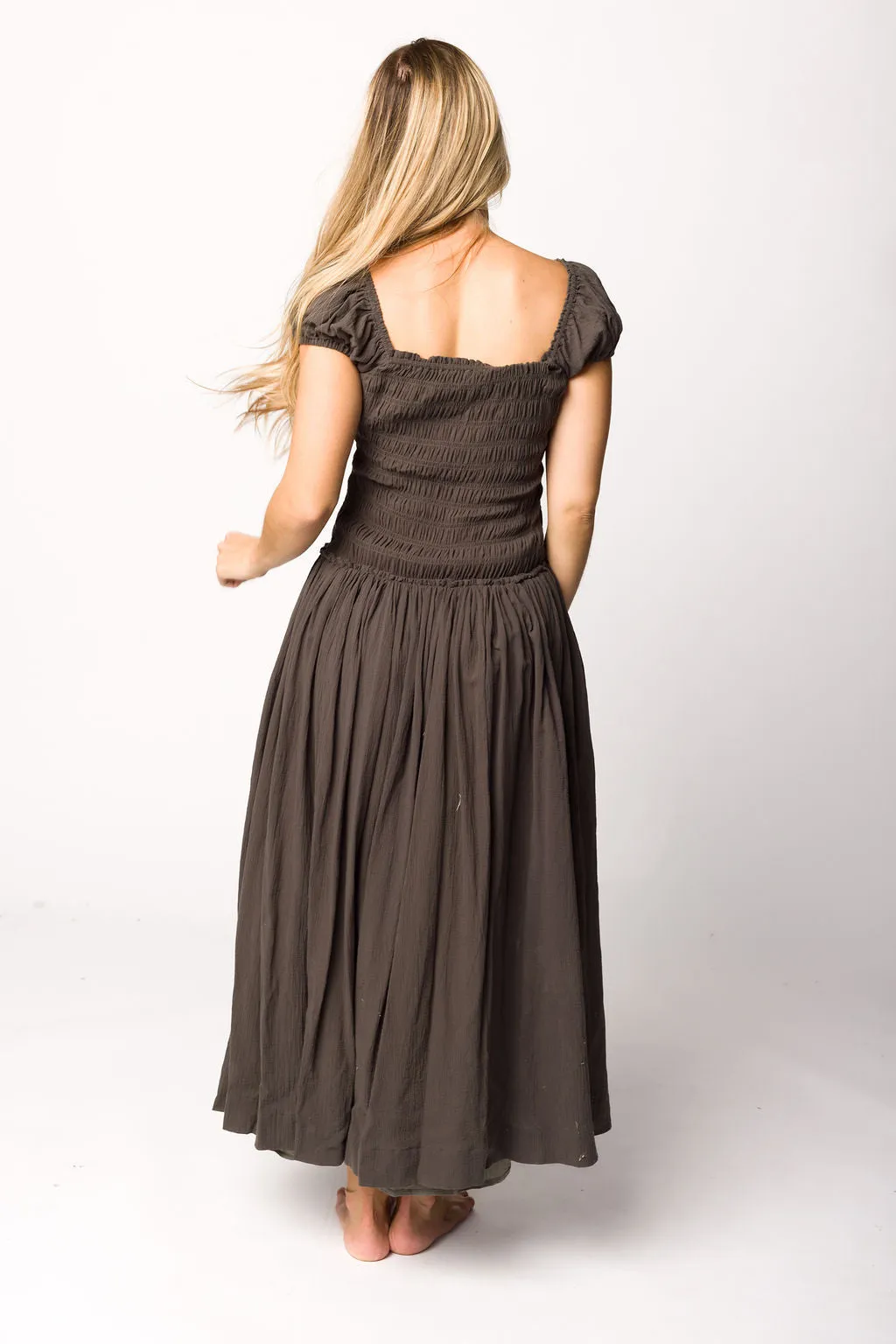 Aria Smocked Maxi Dress with Dropped Waist in Olive
