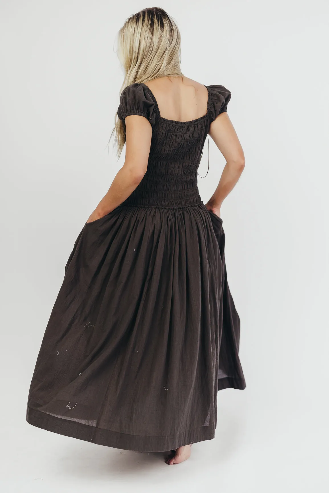 Aria Smocked Maxi Dress with Dropped Waist in Olive