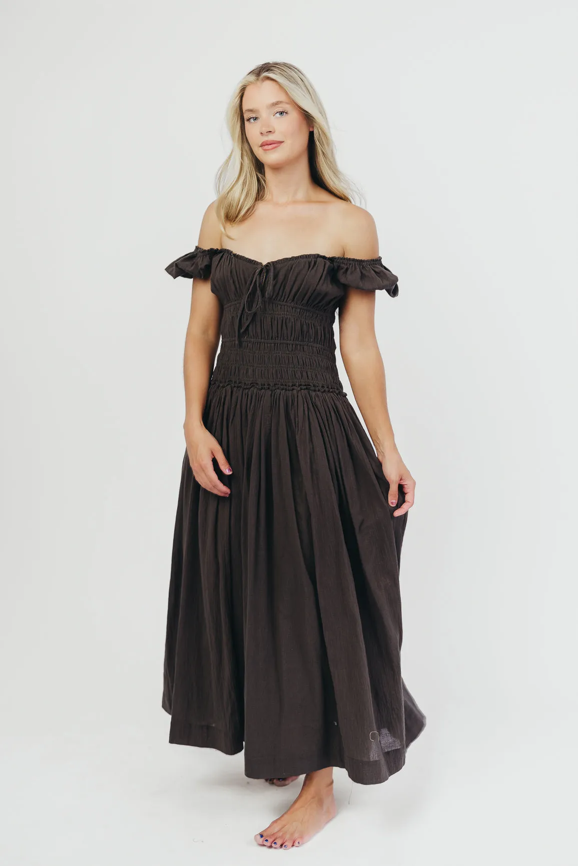 Aria Smocked Maxi Dress with Dropped Waist in Olive