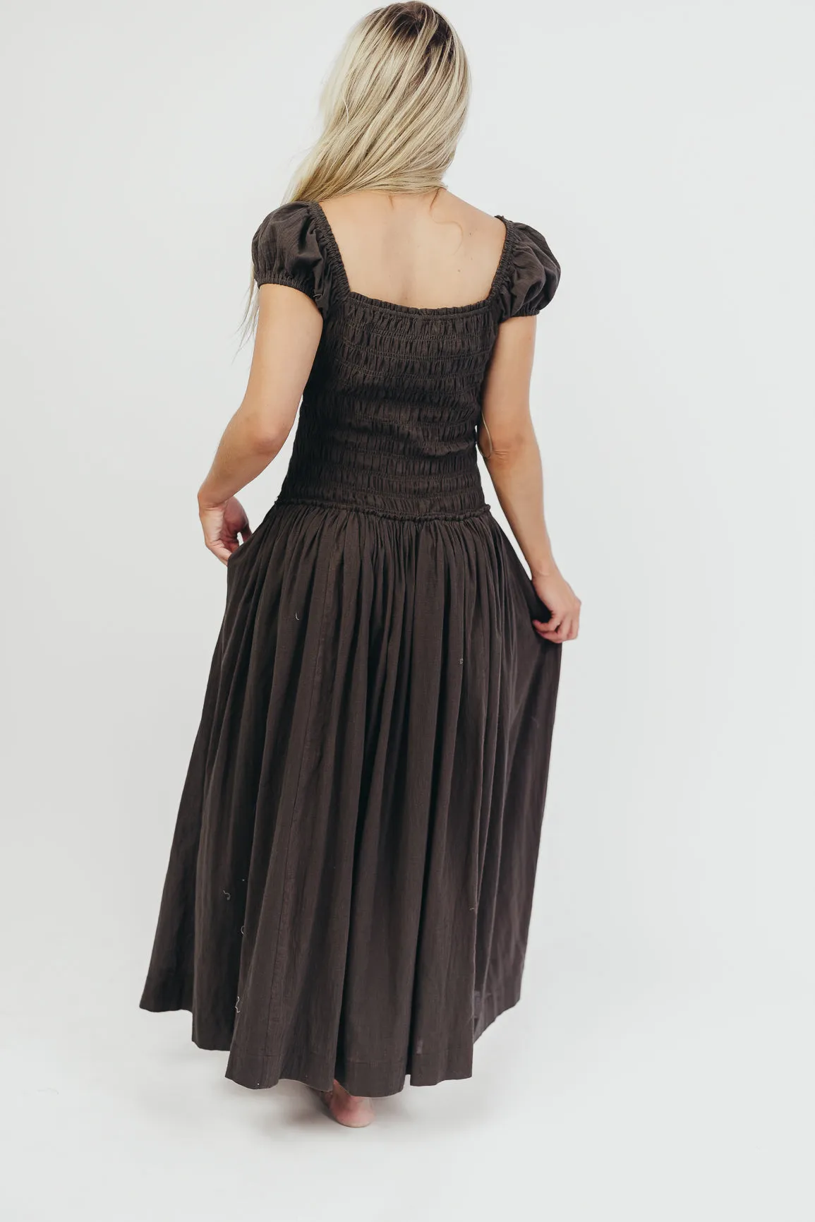 Aria Smocked Maxi Dress with Dropped Waist in Olive