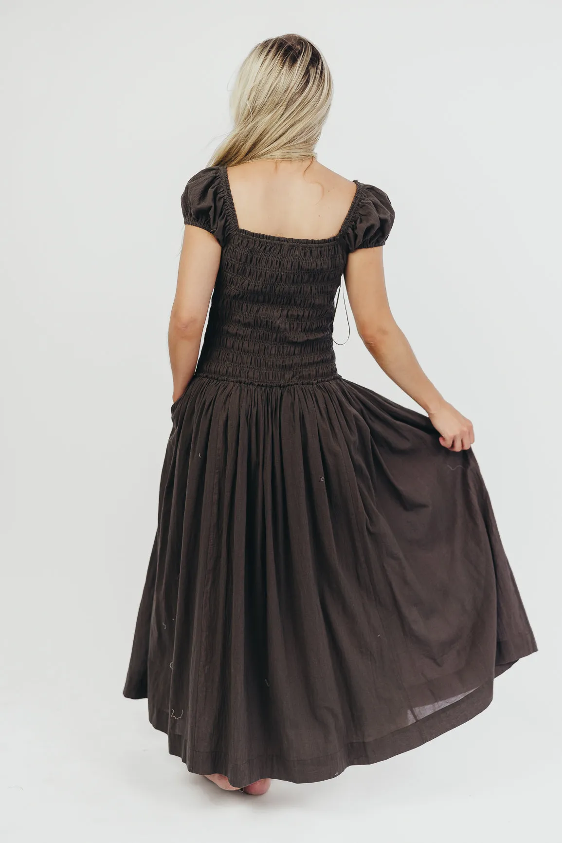 Aria Smocked Maxi Dress with Dropped Waist in Olive