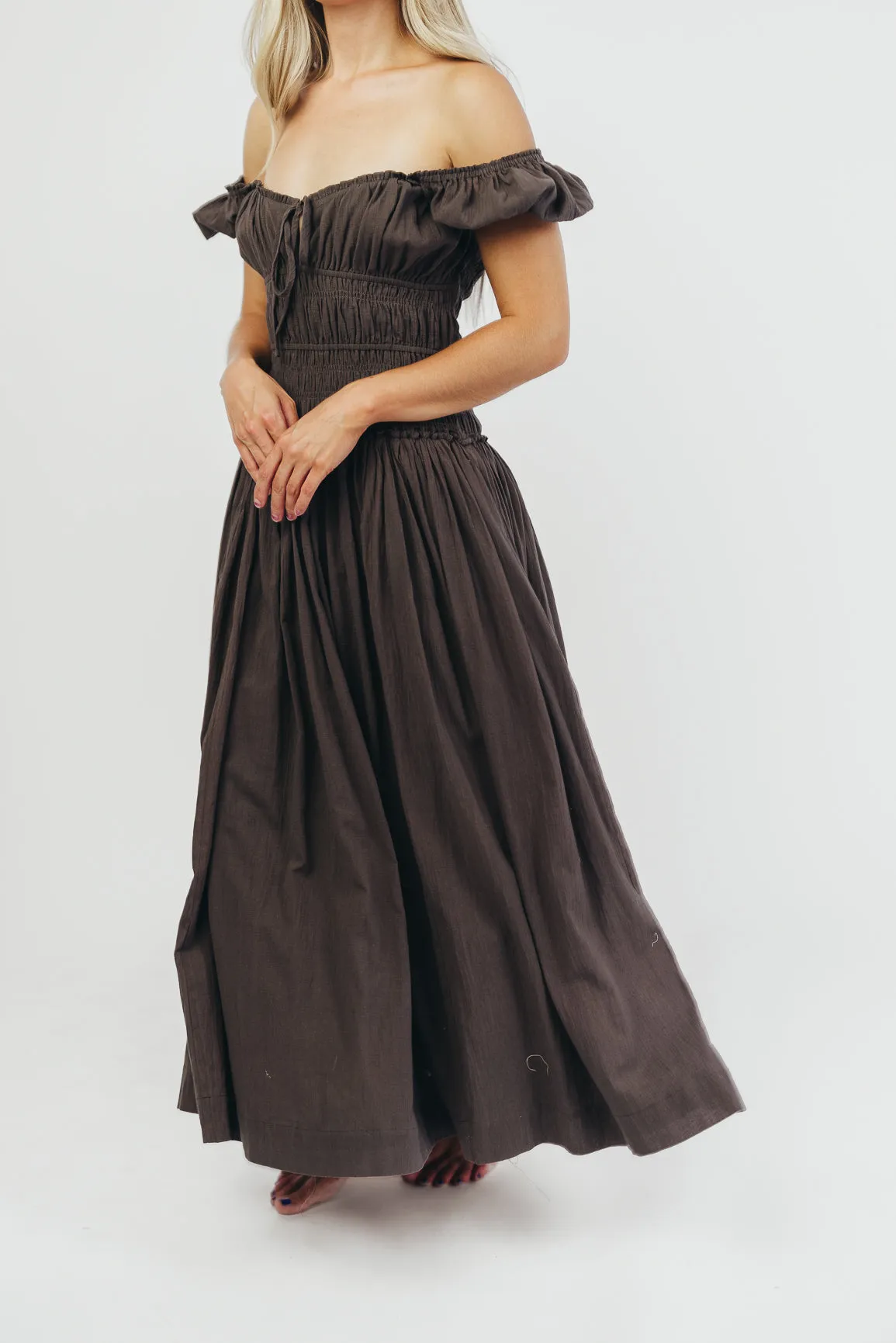 Aria Smocked Maxi Dress with Dropped Waist in Olive