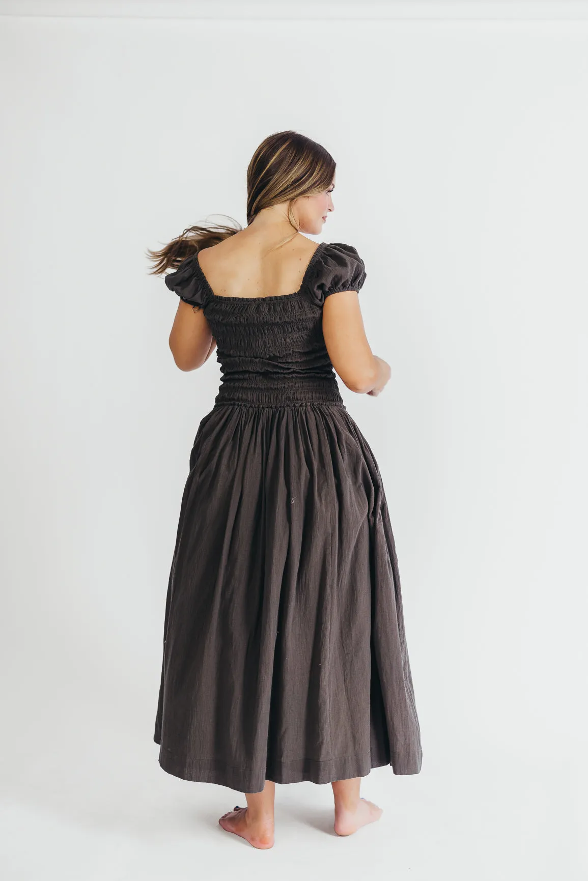 Aria Smocked Maxi Dress with Dropped Waist in Olive