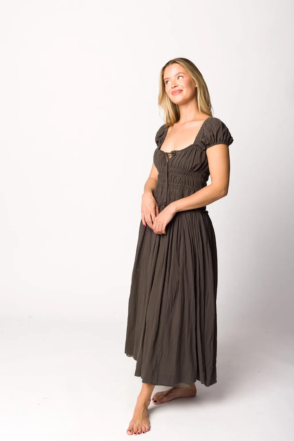 Aria Smocked Maxi Dress with Dropped Waist in Olive