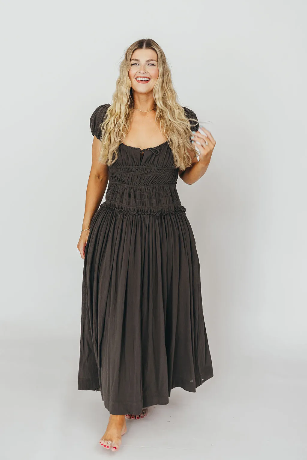 Aria Smocked Maxi Dress with Dropped Waist in Olive