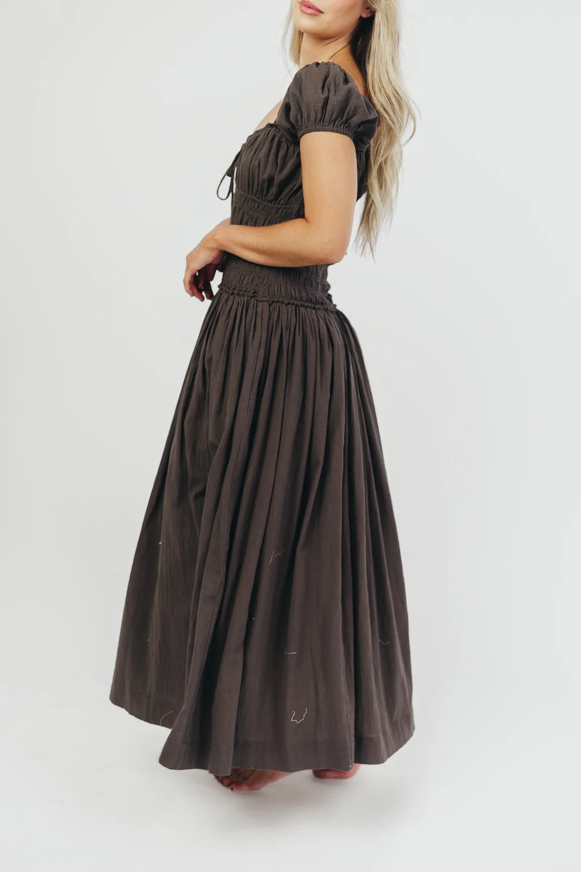 Aria Smocked Maxi Dress with Dropped Waist in Olive
