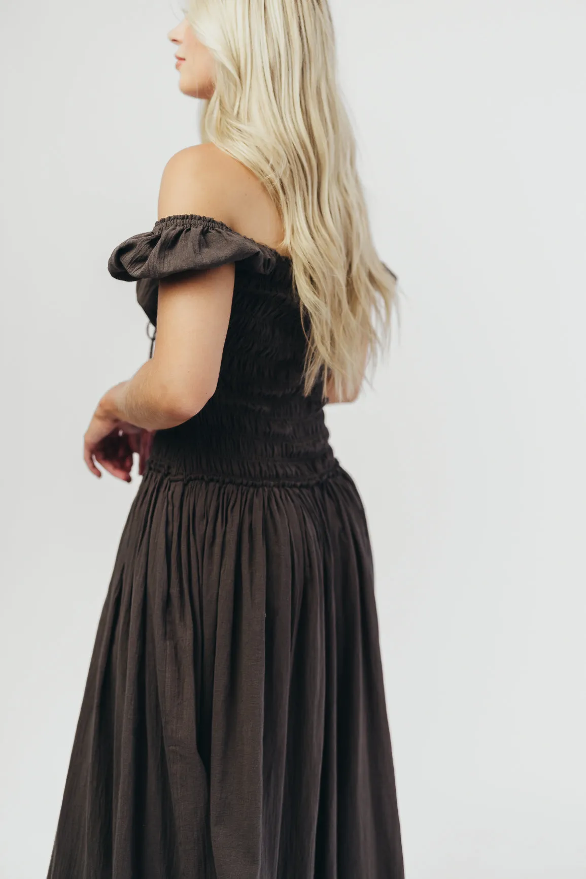 Aria Smocked Maxi Dress with Dropped Waist in Olive
