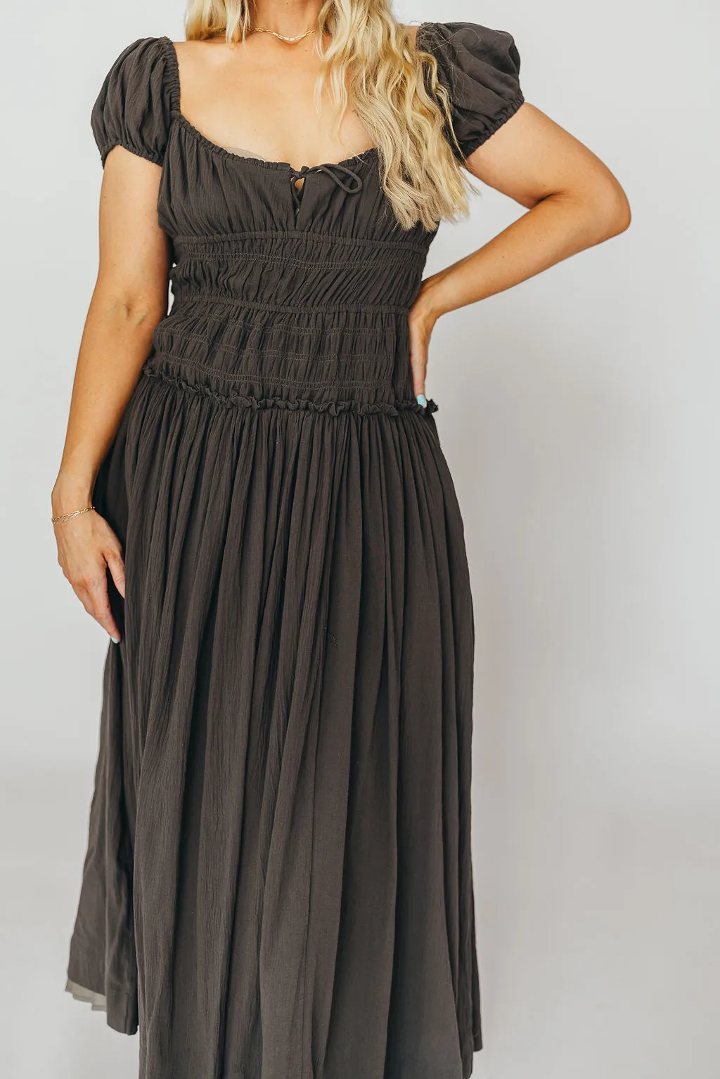 Aria Smocked Maxi Dress with Dropped Waist in Olive