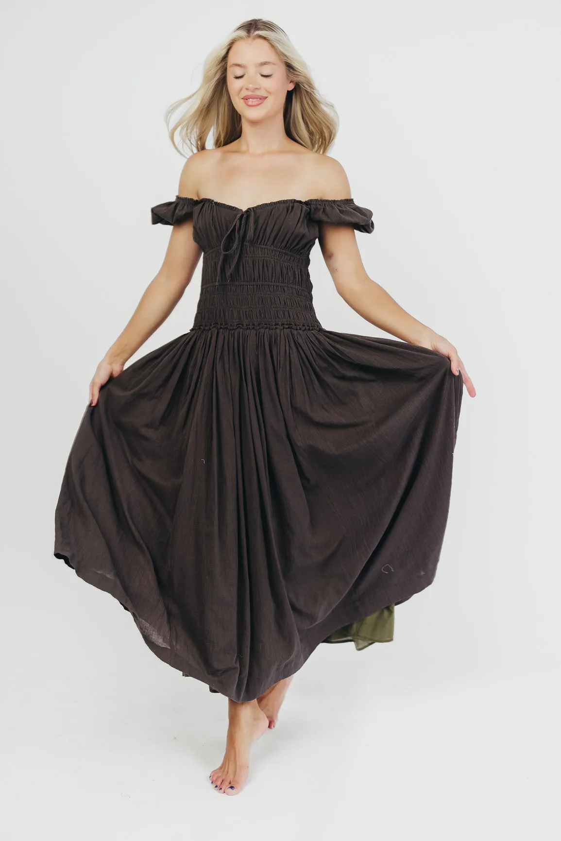 Aria Smocked Maxi Dress with Dropped Waist in Olive