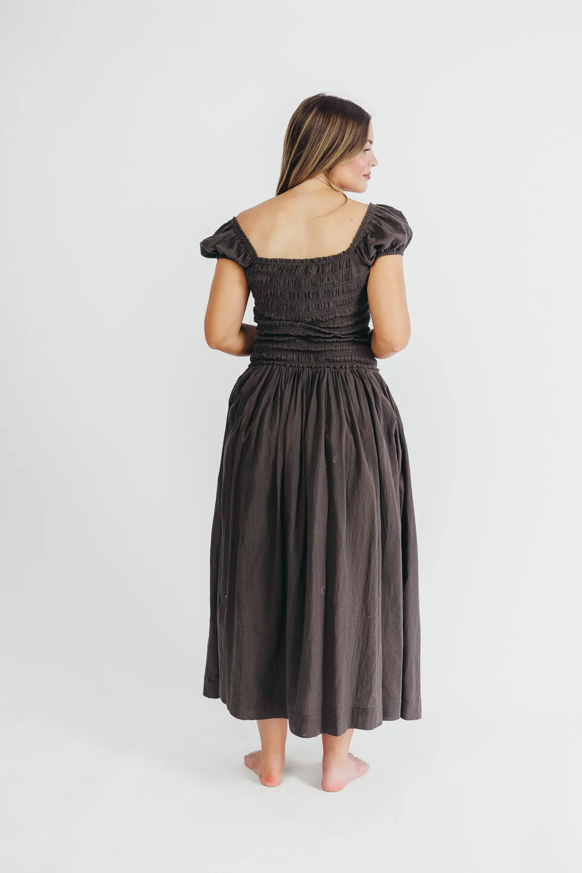 Aria Smocked Maxi Dress with Dropped Waist in Olive