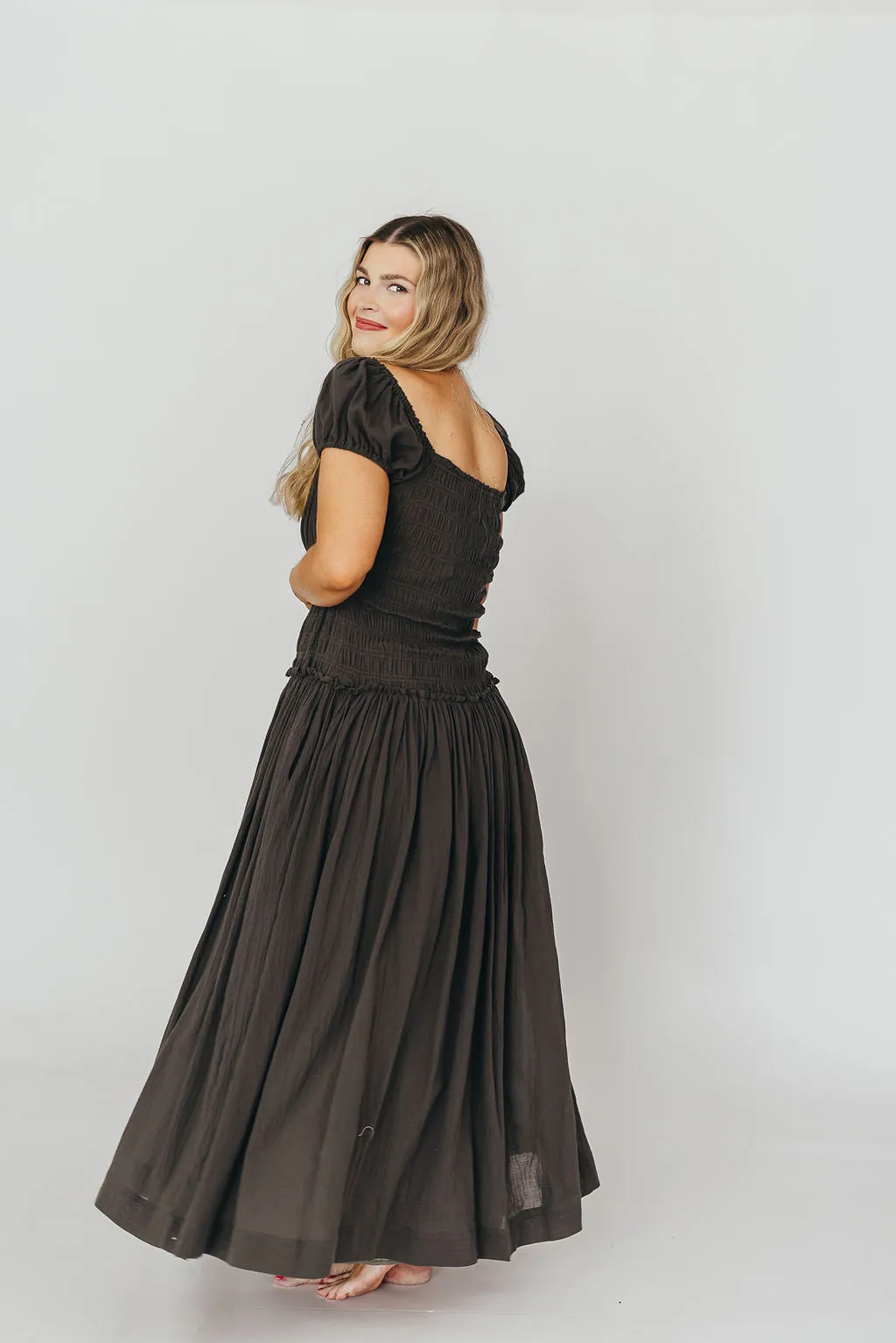 Aria Smocked Maxi Dress with Dropped Waist in Olive