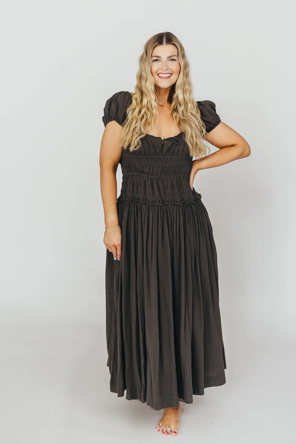 Aria Smocked Maxi Dress with Dropped Waist in Olive