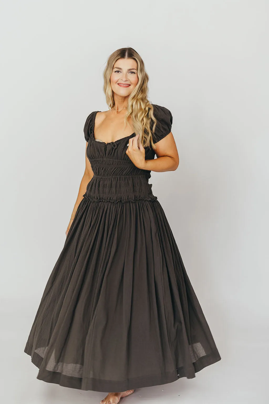 Aria Smocked Maxi Dress with Dropped Waist in Olive