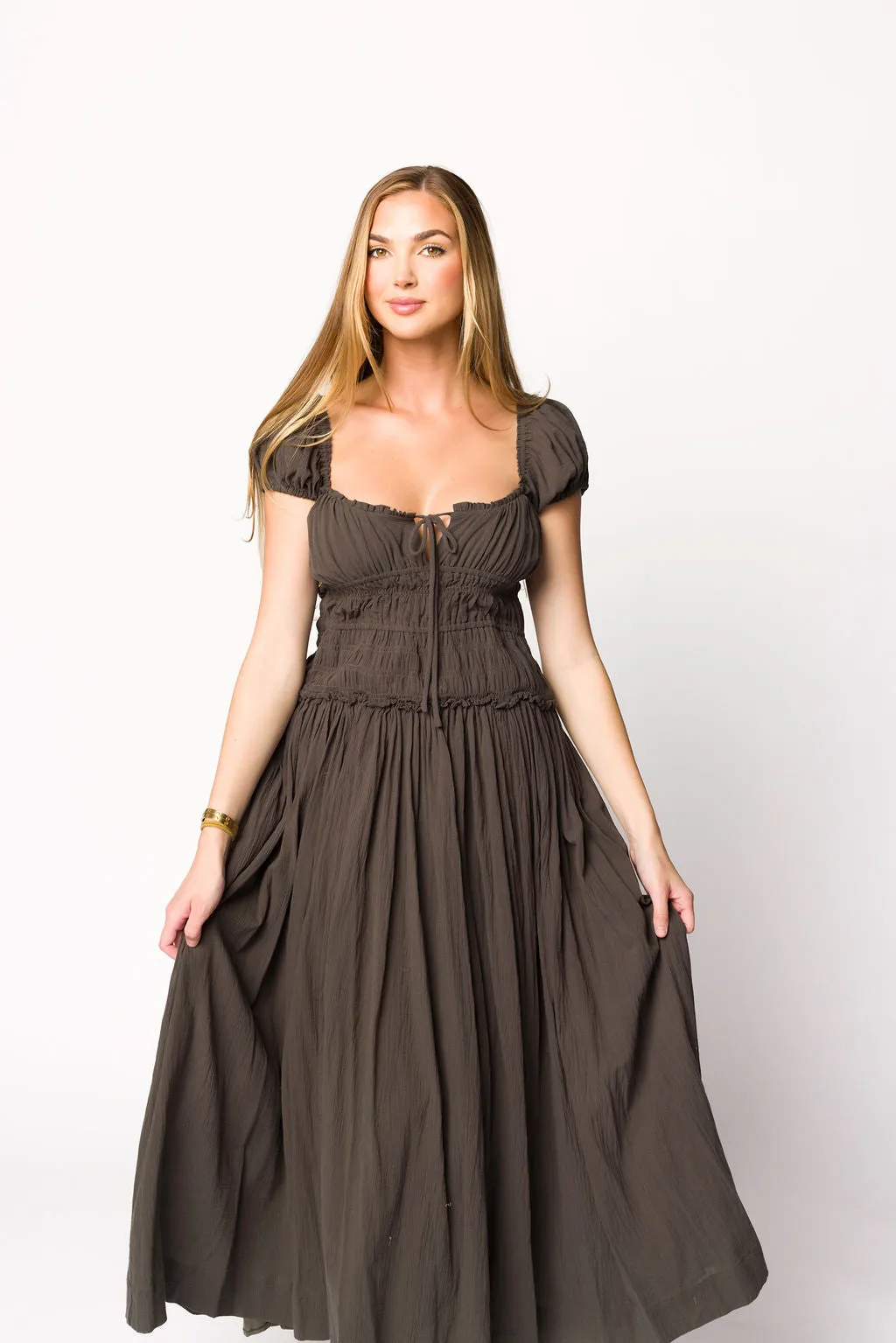Aria Smocked Maxi Dress with Dropped Waist in Olive