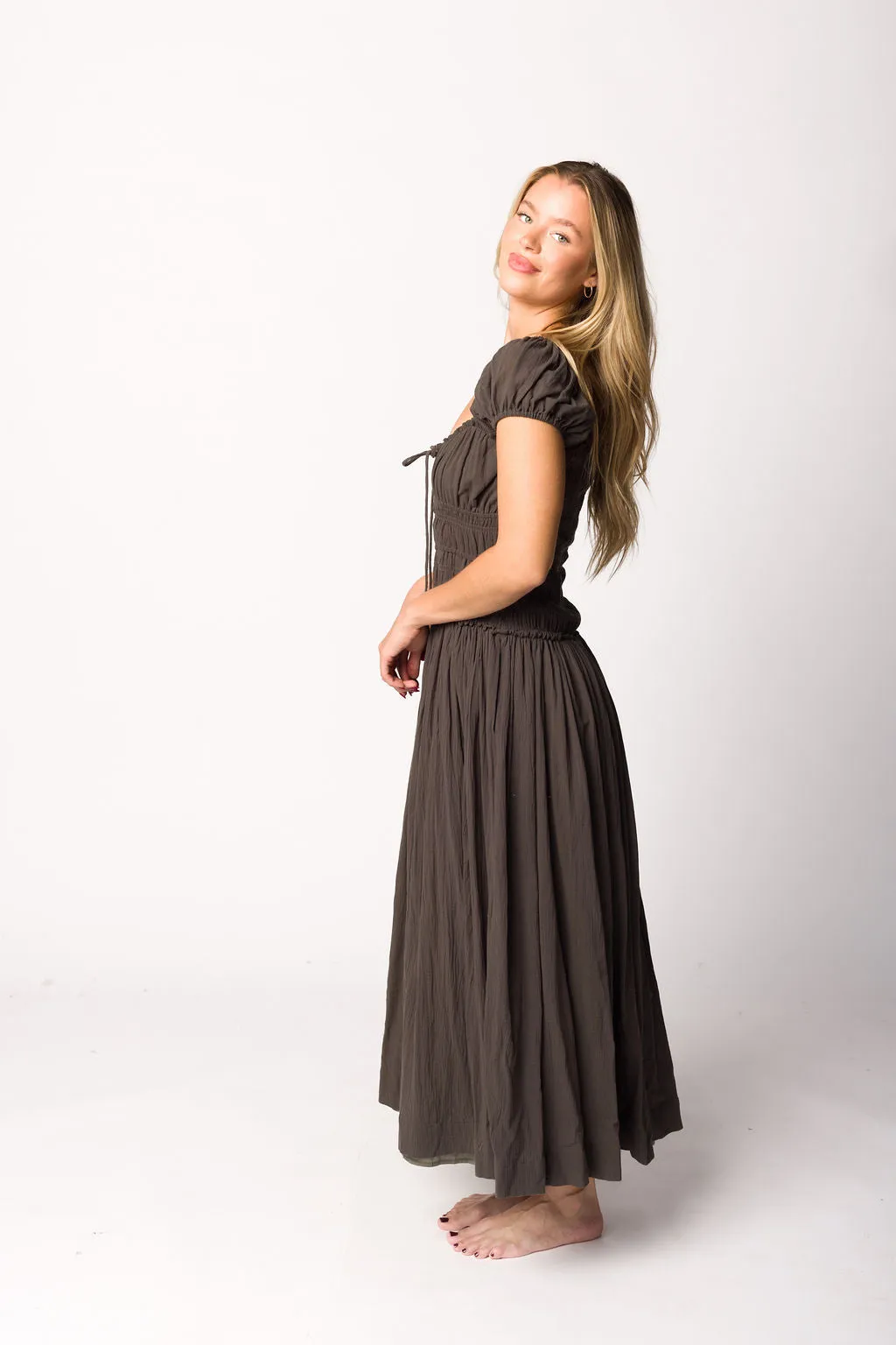 Aria Smocked Maxi Dress with Dropped Waist in Olive