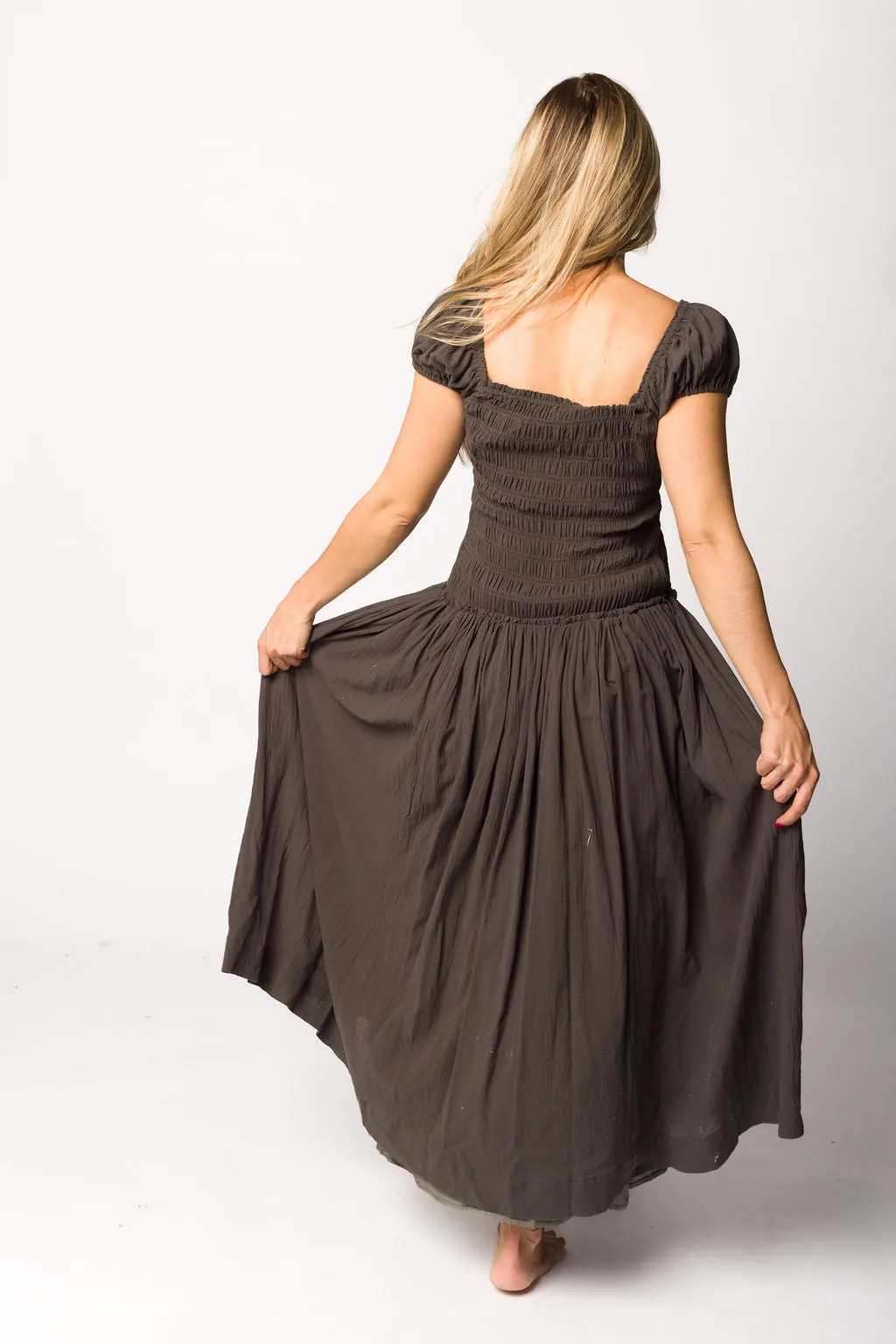Aria Smocked Maxi Dress with Dropped Waist in Olive