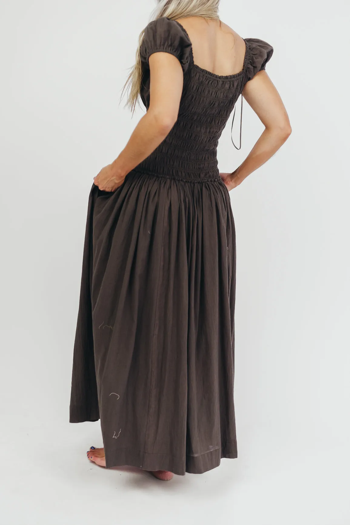 Aria Smocked Maxi Dress with Dropped Waist in Olive