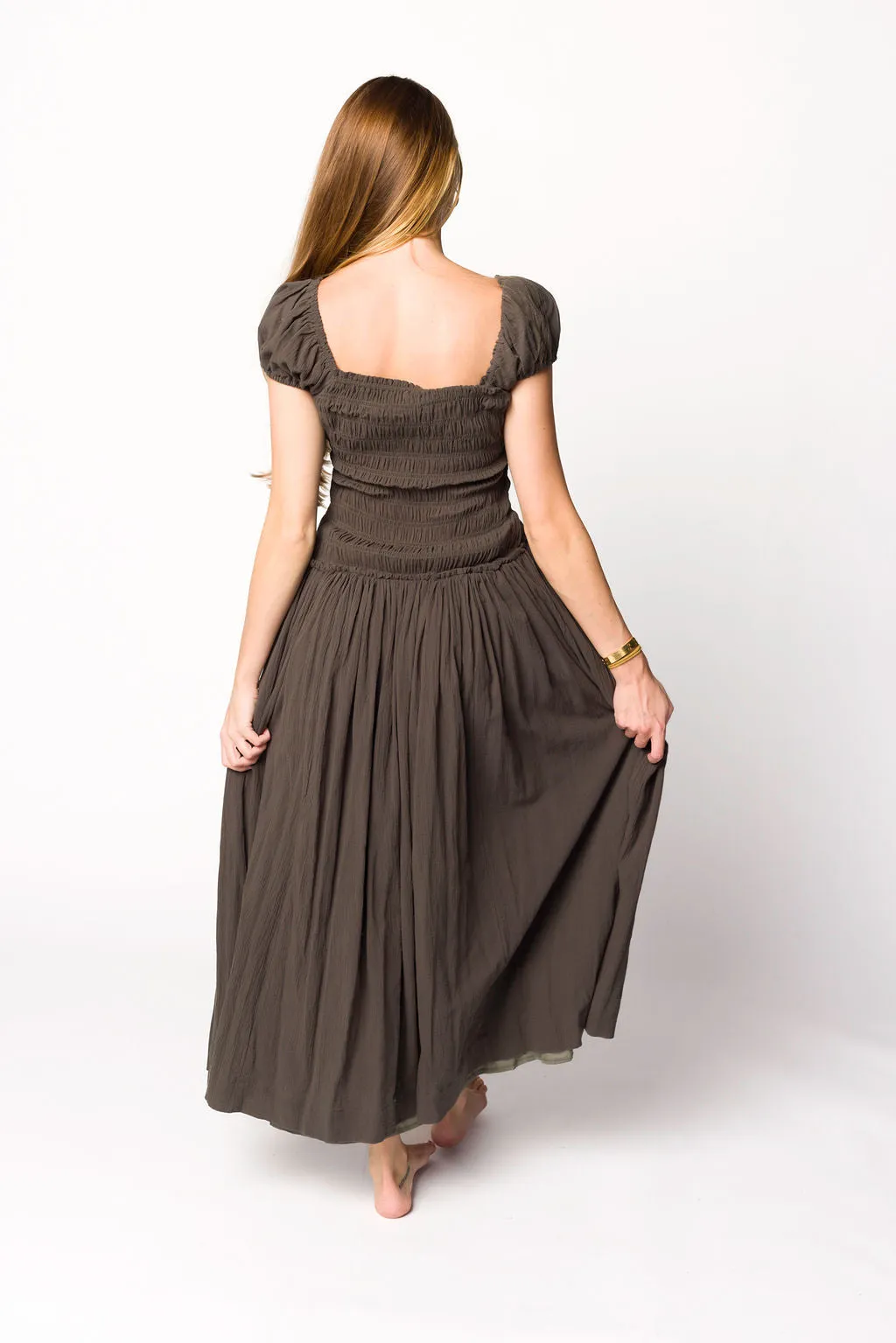 Aria Smocked Maxi Dress with Dropped Waist in Olive