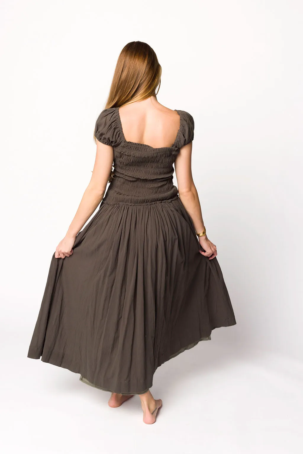 Aria Smocked Maxi Dress with Dropped Waist in Olive