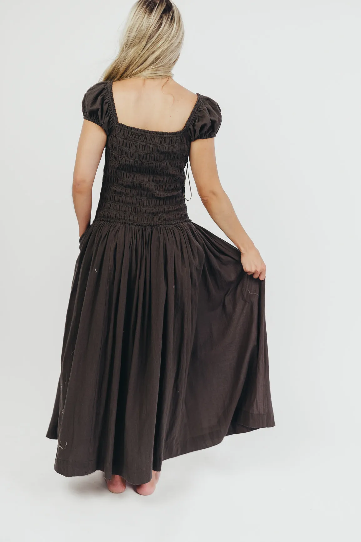 Aria Smocked Maxi Dress with Dropped Waist in Olive