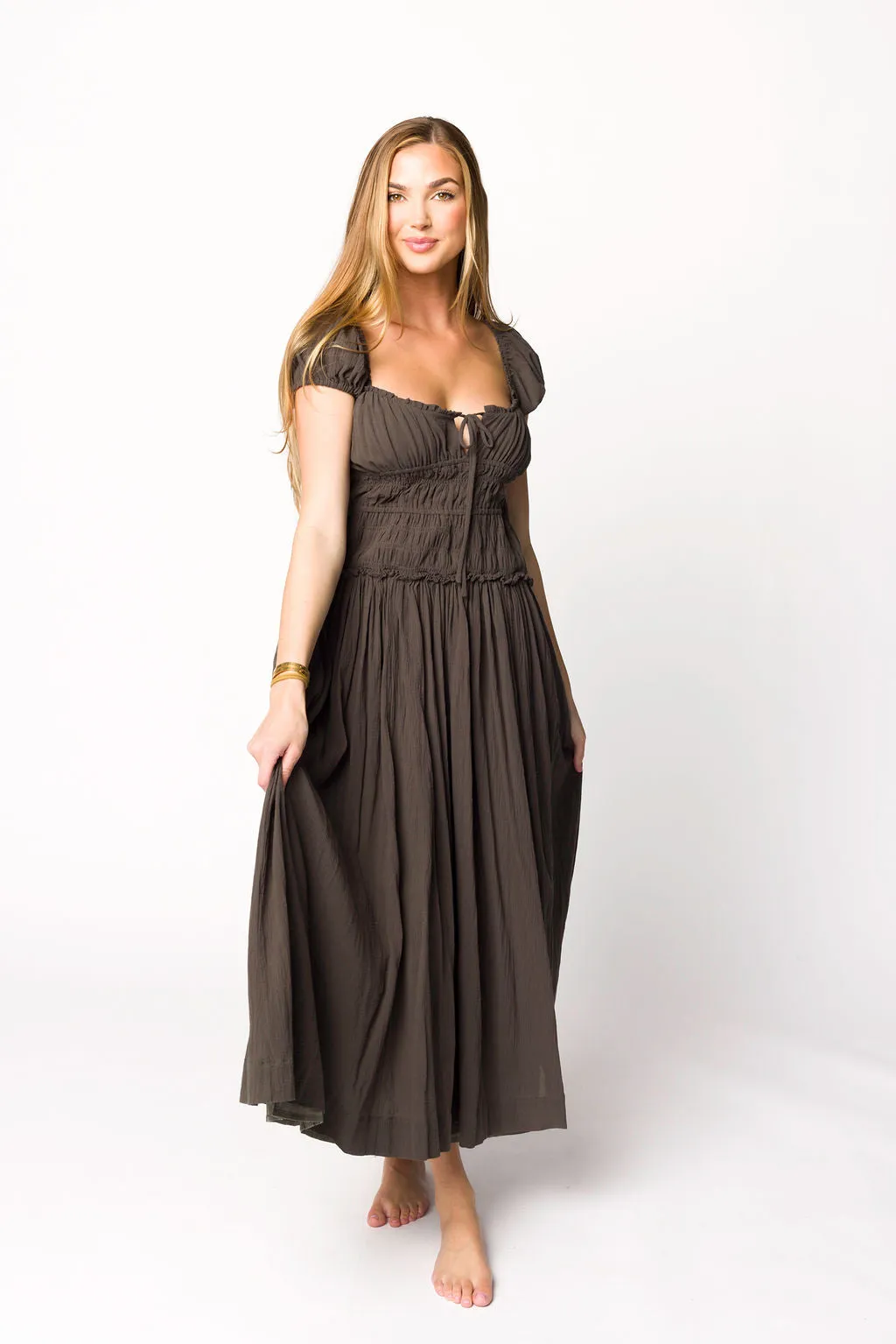 Aria Smocked Maxi Dress with Dropped Waist in Olive