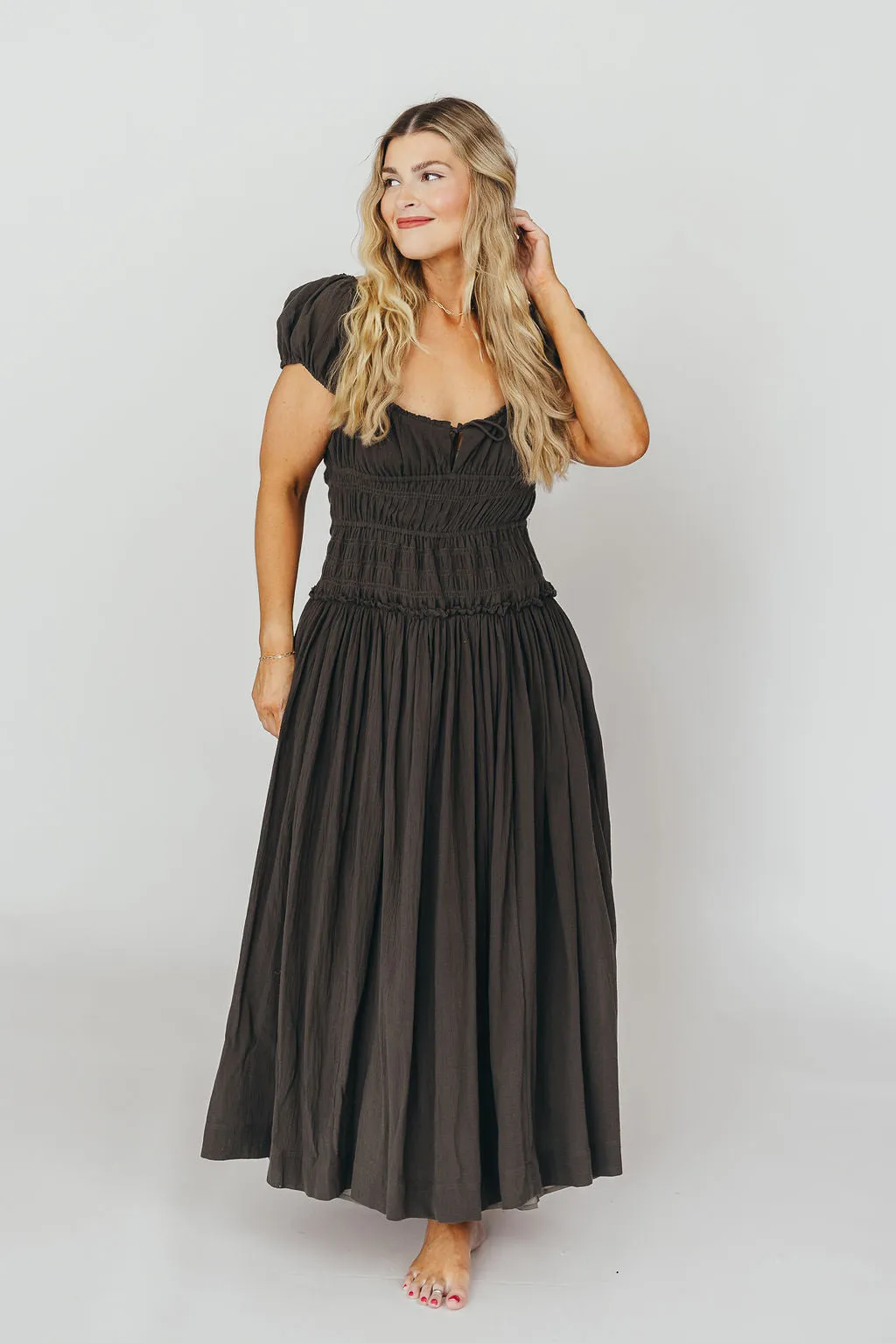 Aria Smocked Maxi Dress with Dropped Waist in Olive