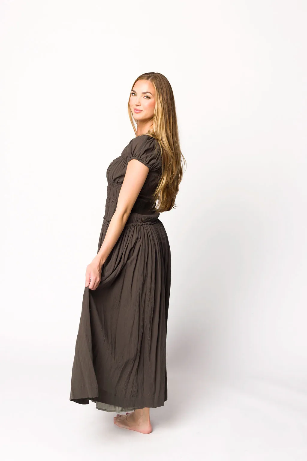 Aria Smocked Maxi Dress with Dropped Waist in Olive
