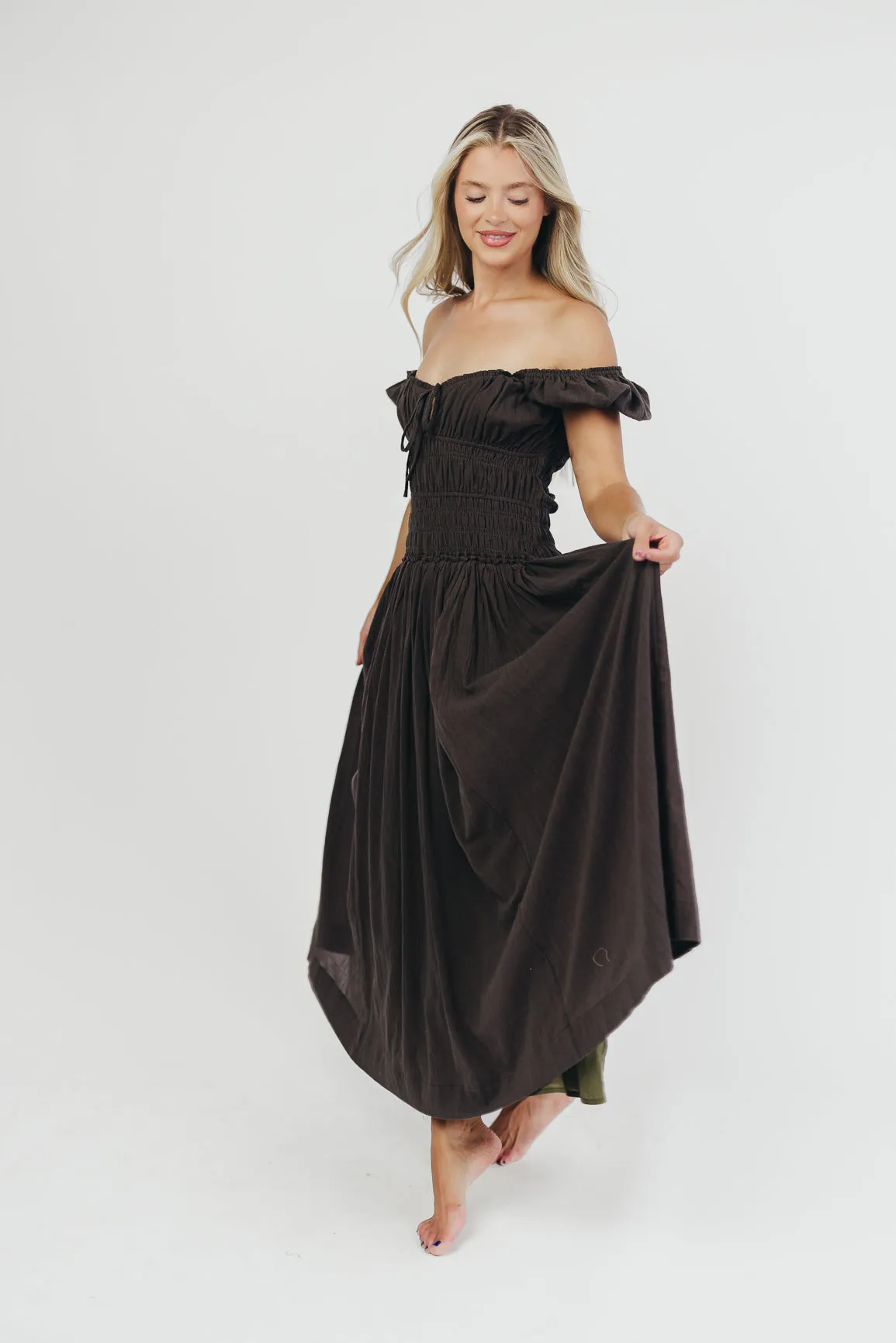 Aria Smocked Maxi Dress with Dropped Waist in Olive