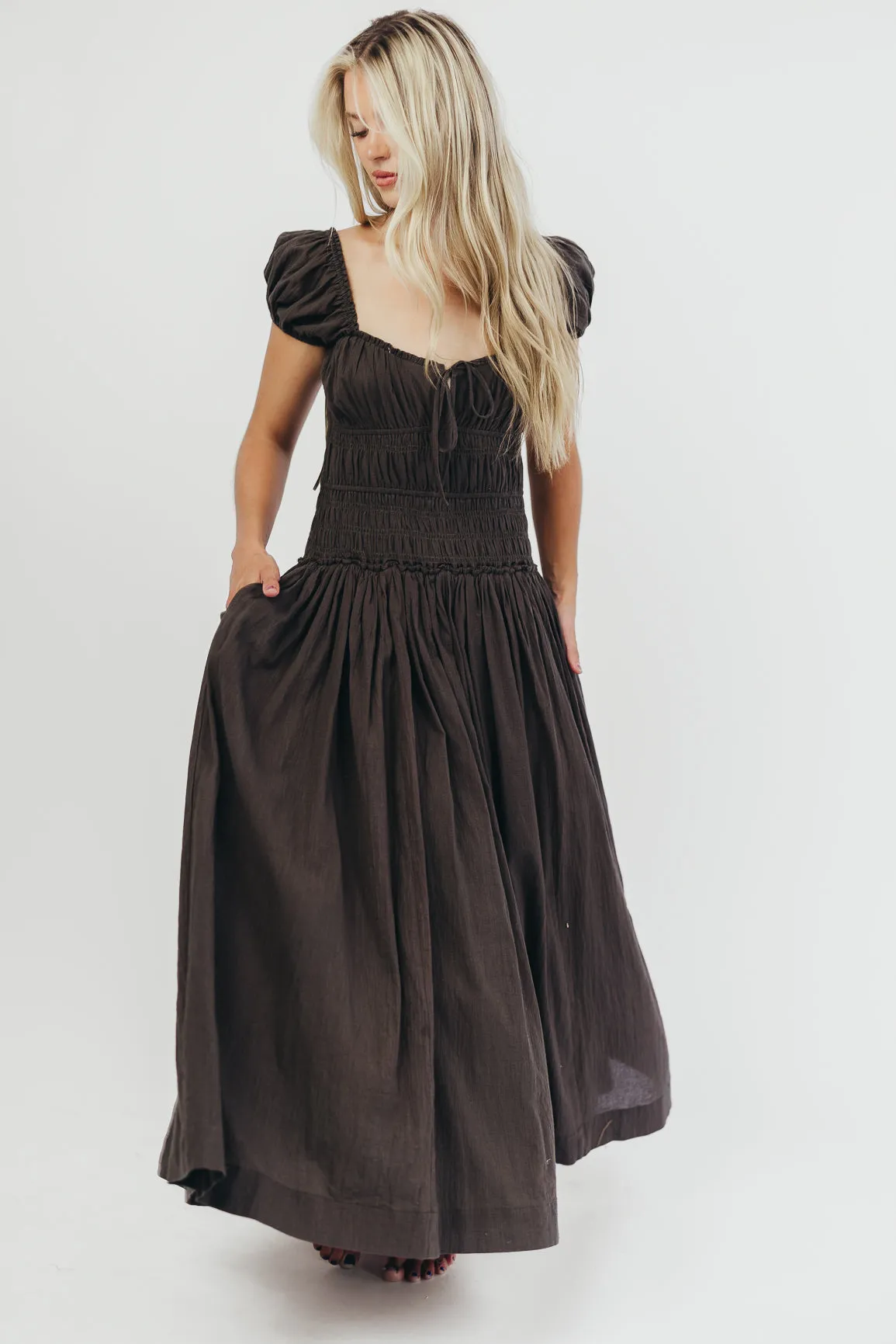 Aria Smocked Maxi Dress with Dropped Waist in Olive