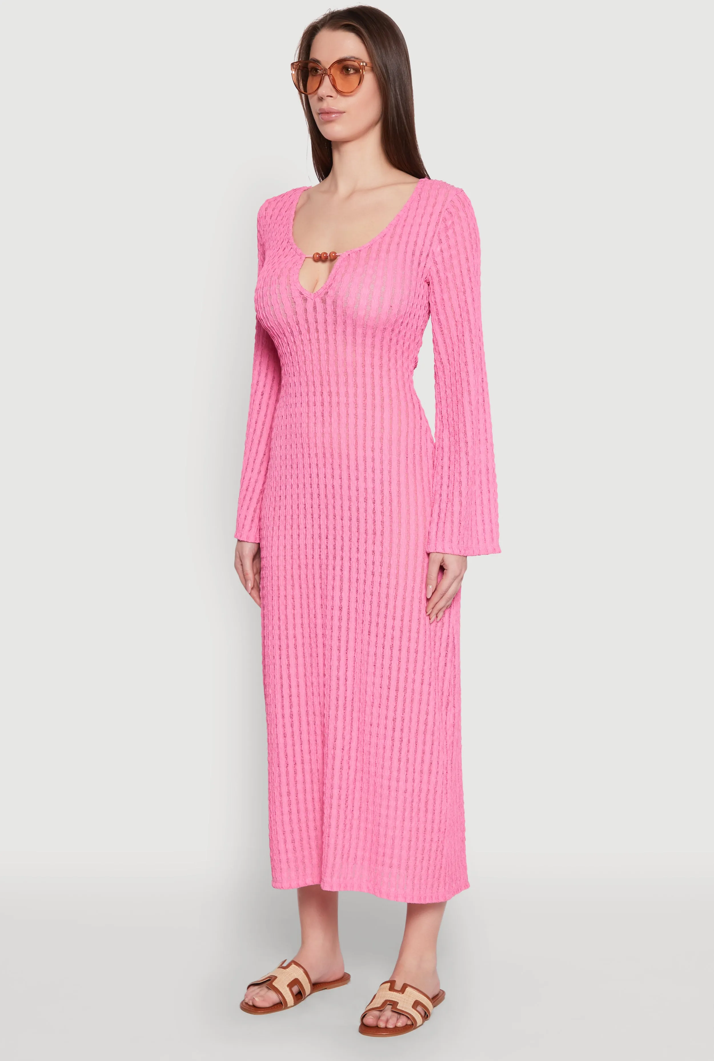 Beaded Notch Neck Textured Knit Maxi Dress