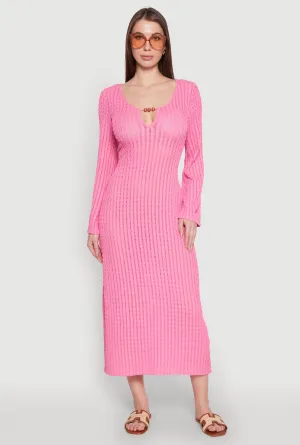 Beaded Notch Neck Textured Knit Maxi Dress