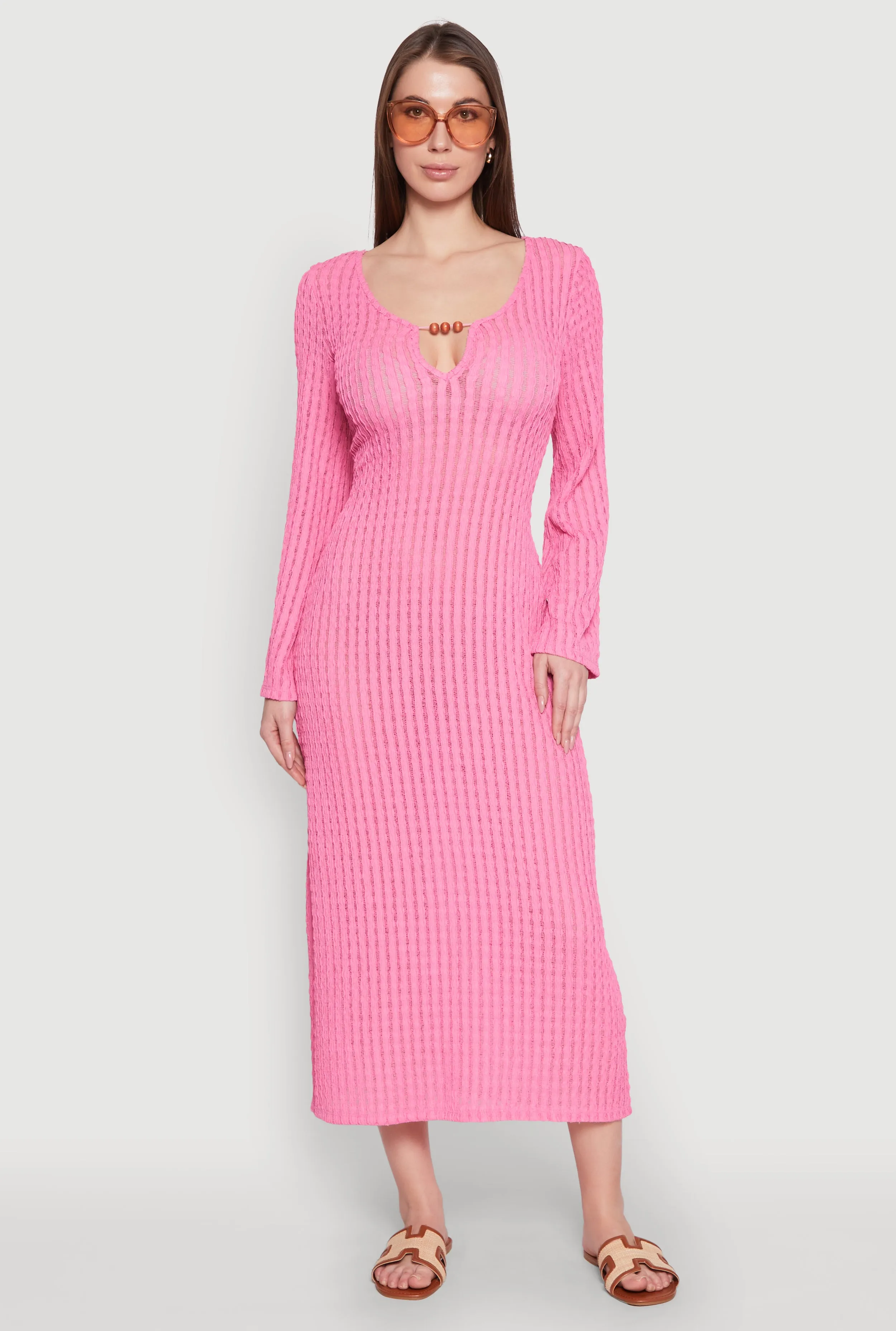 Beaded Notch Neck Textured Knit Maxi Dress