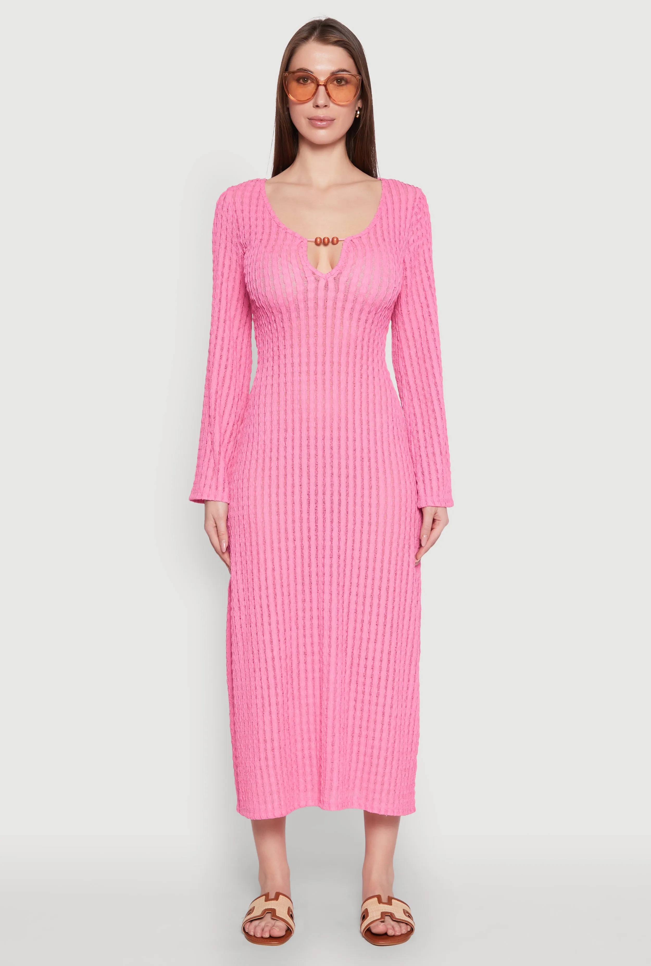 Beaded Notch Neck Textured Knit Maxi Dress