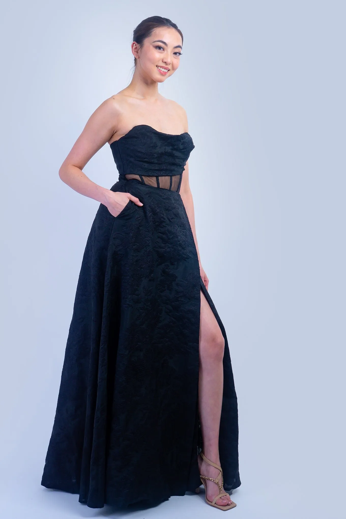 Black Strapless Brocade Corset Gown