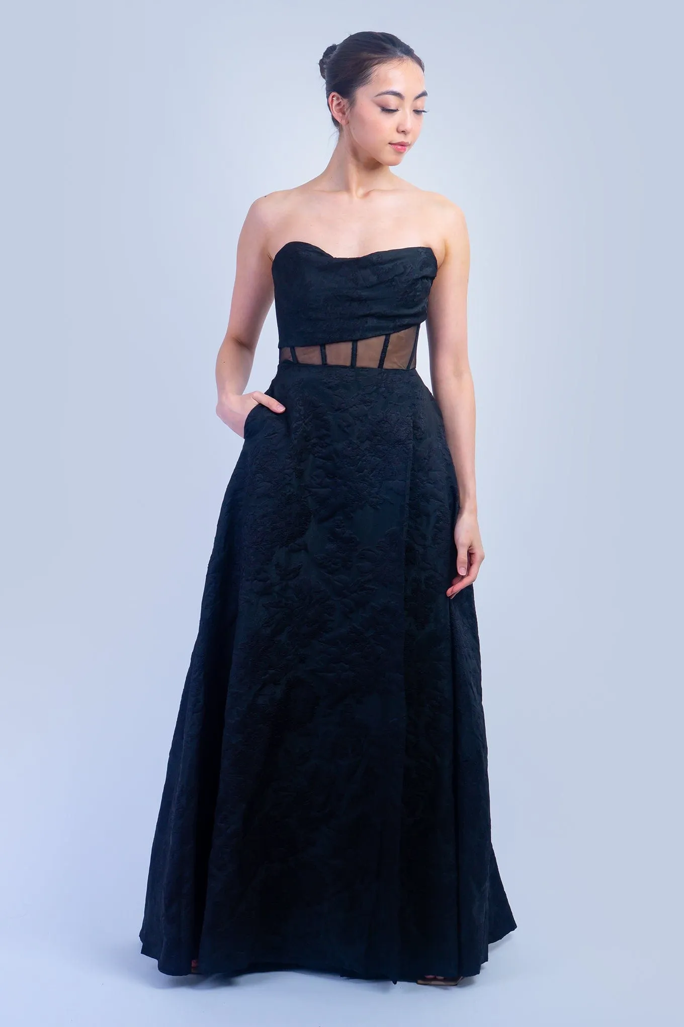 Black Strapless Brocade Corset Gown