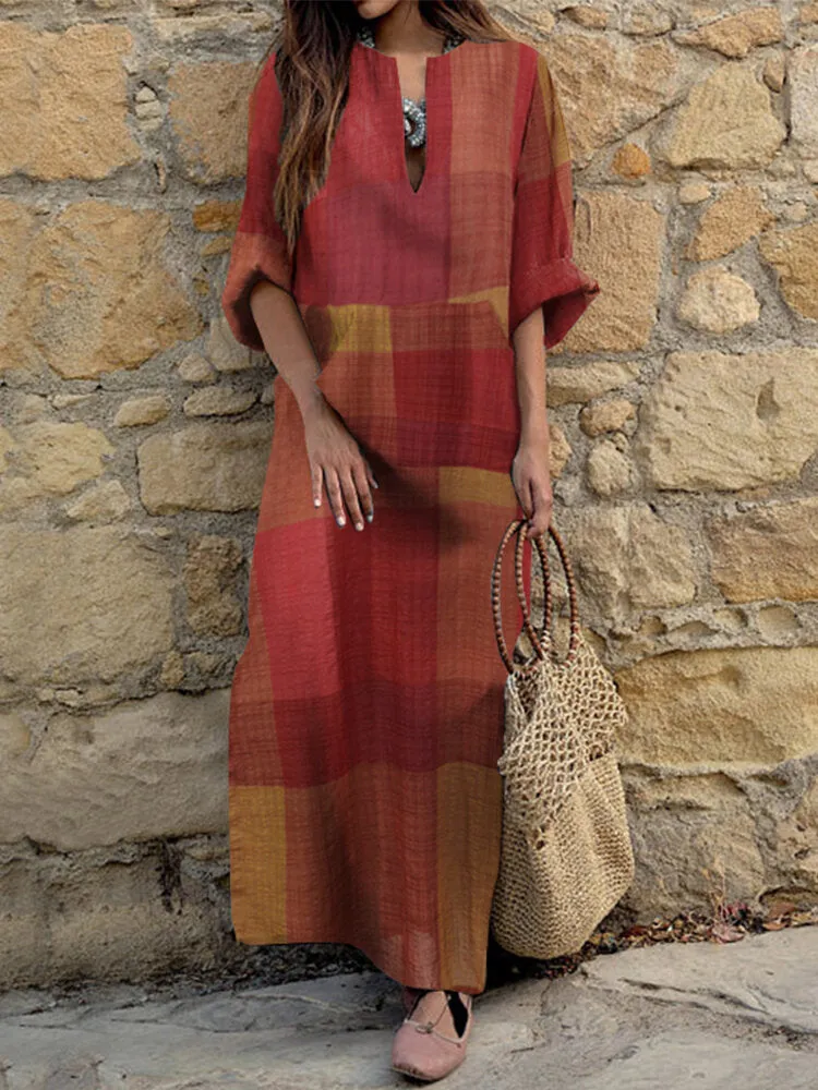 Casual Plaid Notch Neck Long Sleeve Vintage Pocket Women Maxi Dress
