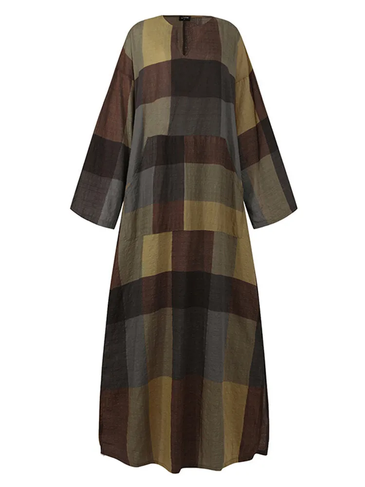 Casual Plaid Notch Neck Long Sleeve Vintage Pocket Women Maxi Dress