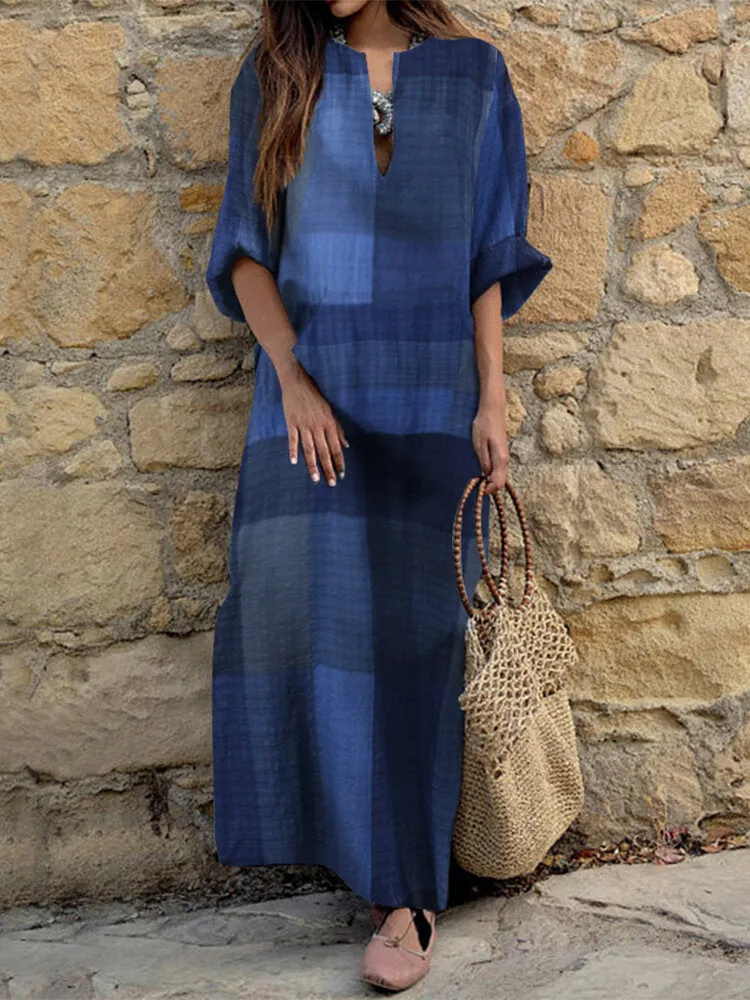 Casual Plaid Notch Neck Long Sleeve Vintage Pocket Women Maxi Dress