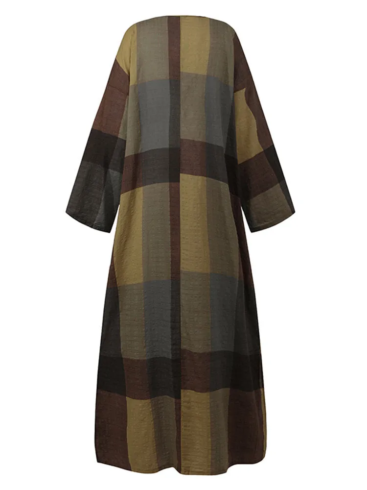 Casual Plaid Notch Neck Long Sleeve Vintage Pocket Women Maxi Dress